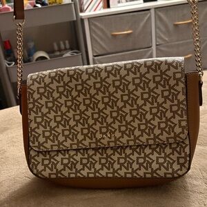 DKNY Tan and Brown Monogram Crossbody Bag